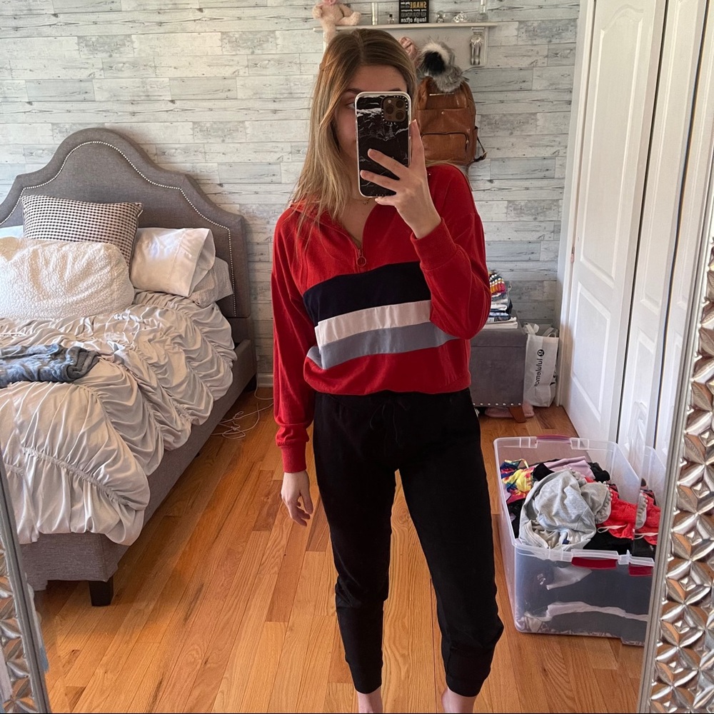 Red Collard Cropped Half Zip Sweatshirt